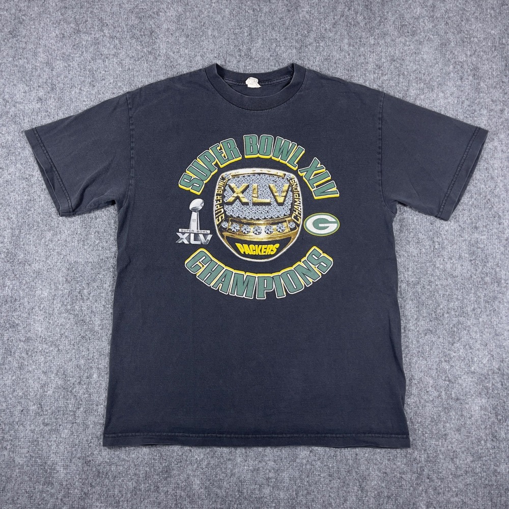 Y2K Green Bay Packers NFL T-Shirt Mens Large Black Super Bowl XLV Champions
